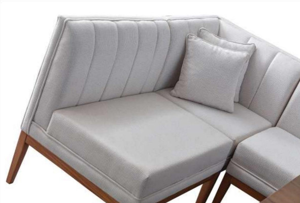 Blanco y marrón conjunto de comedor - Mesa de madera elegante y banco de esquina tapizado, nuevo.