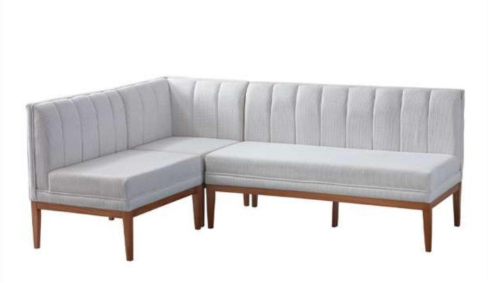 Blanco y marrón conjunto de comedor - Mesa de madera elegante y banco de esquina tapizado, nuevo.