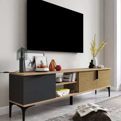 Mueble de televisión RTV en tono marrón-gris, diseño moderno, forma rectangular para la sala de estar.