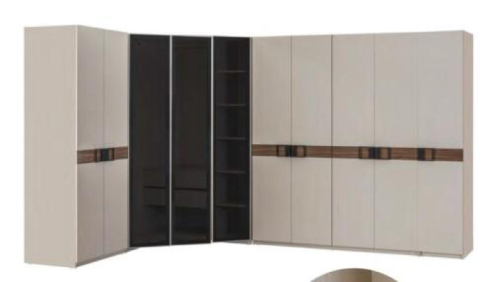 Moderno armario de esquina blanco, estantería de diseño, armario de madera, mueble de lujo.