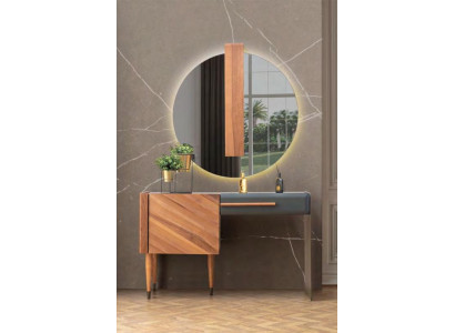 Elegante tocador de madera, muebles de diseñador para el dormitorio, tocador de cosméticos.