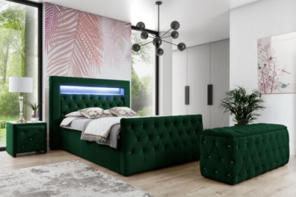 Verde conjunto de dormitorio. Conjunto completo, cama doble, taburete, consola.