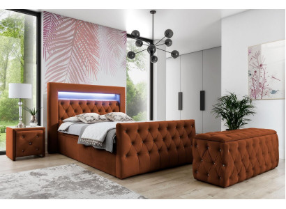 Chesterfield conjunto de dormitorio cama de tela 2 mesitas de noche de madera taburete.