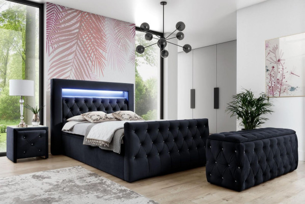 Cama de textil Chesterfield negra con LED 2 mesitas de noche de madera Taburete 4 piezas