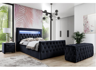 Cama de textil Chesterfield negra con LED 2 mesitas de noche de madera Taburete 4 piezas