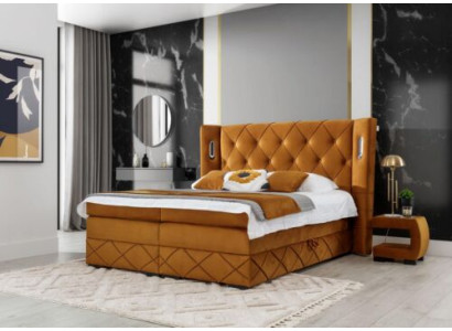 Cama Chesterfield exclusiva marrón con mesitas de noche tapizadas muebles de diseño.