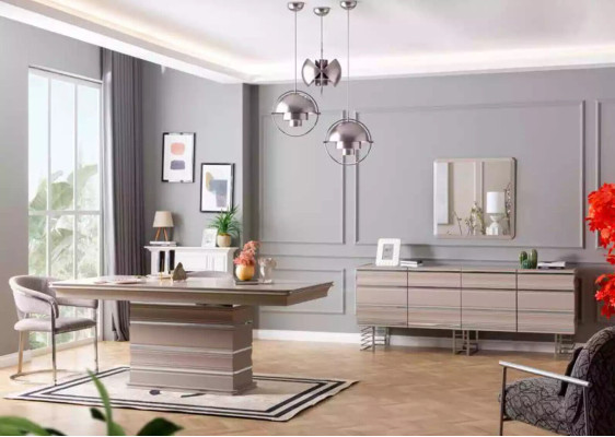 Mesa 6 sillas Aparador Espejo Conjunto de comedor de 9 piezas Grupo de mobiliario