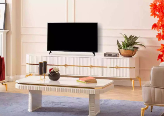 Mueble de pie para televisión de salón, estilo moderno, blanco, lujo, madera.