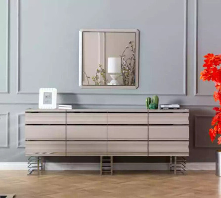 Sala de estar beige Aparador Espejo Muebles de diseño Consola Madera Diseñador