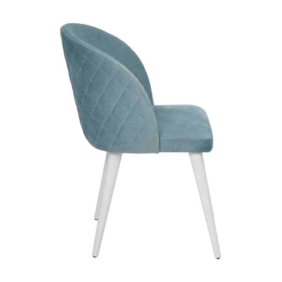Moderno comedor de madera con 4 sillas azules sin apoyabrazos, diseño nuevo, silla tapizada.