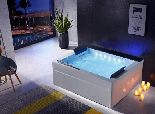 Bañera de hidromasaje para 2 personas con luces LED y terapia hidroterapéutica.