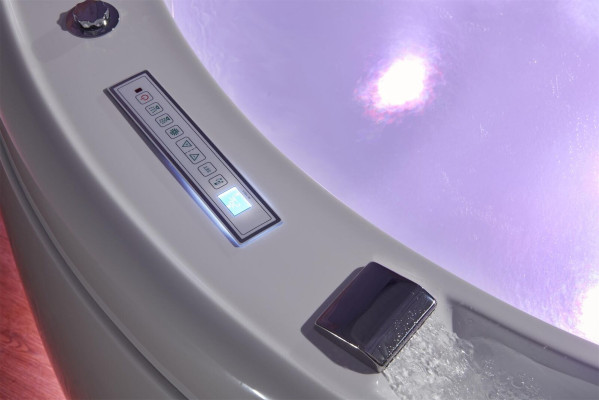 Bañera de hidromasaje de lujo redonda con luces LED, cascada y accesorios.