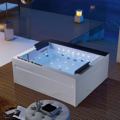 Bañera de hidromasaje para 2 personas con luces LED y terapia hidroterapéutica.