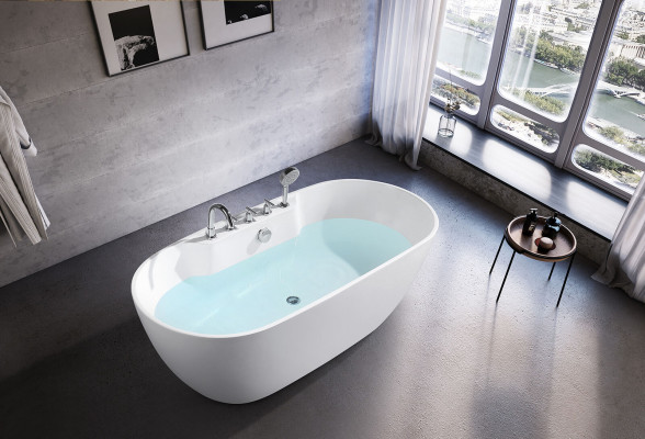 Bañera independiente ovalada de acrílico para baño, bañera de pie ovalada blanca.