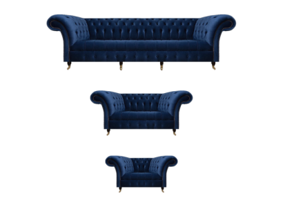 Conjunto de sala de estar de 3 piezas Chesterfield azul textil lujo sofás diseño mobiliario