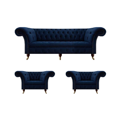 Conjunto de sala de estar 3 piezas Chesterfield azul lujo sofá de tres plazas 2x sillones nuevo.