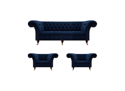 Conjunto de sala de estar 3 piezas Chesterfield azul lujo sofá de tres plazas 2x sillones nuevo.