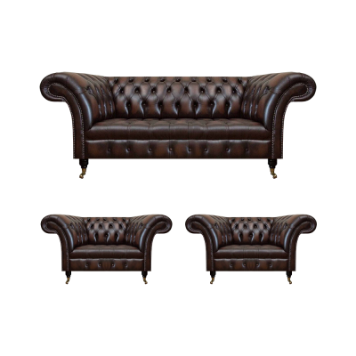 Conjunto de sofá de cuero marrón de lujo para la sala de estar con 2 sillones individuales y un sofá de tres plazas Chesterfield.