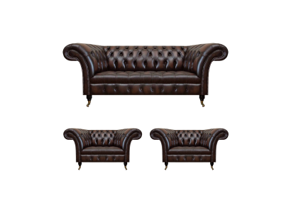 Conjunto de sofá de cuero marrón de lujo para la sala de estar con 2 sillones individuales y un sofá de tres plazas Chesterfield.