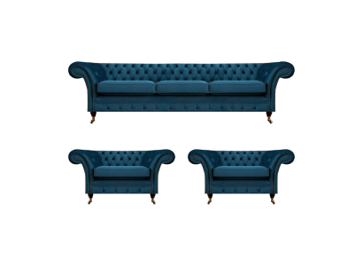 Conjunto de sala de estar de lujo azul Chesterfield, muebles tapizados, sofás textiles.