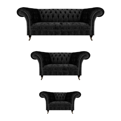 Lujo Negro Juego completo de sofás Chesterfield Conjunto de sillones para sala de estar Nuevo