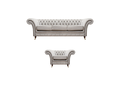 Juego de sofá de lujo gris de tres plazas, sofá Chesterfield, sillón de salón.