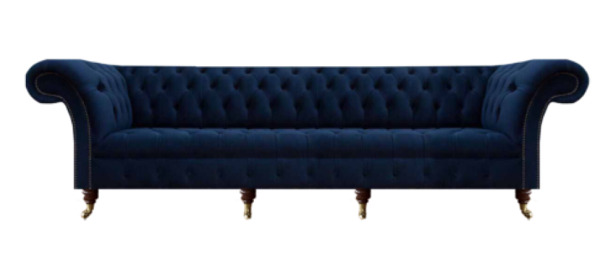 Sofá de cuatro plazas Chesterfield para sala de estar con diseño de muebles tapizados.