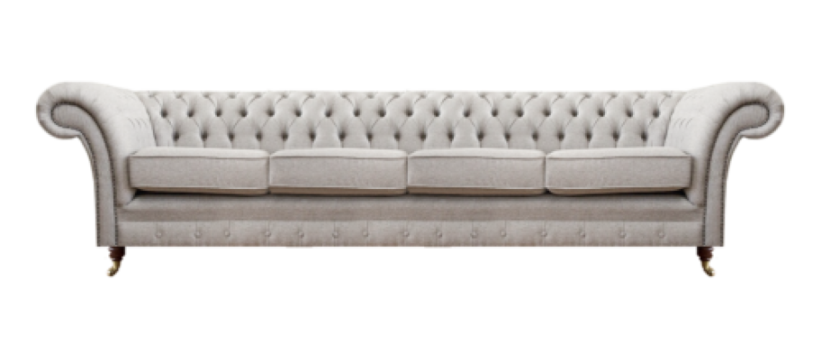 Sofá Chesterfield de lujo nuevo de cuatro plazas en tela para sala de estar.