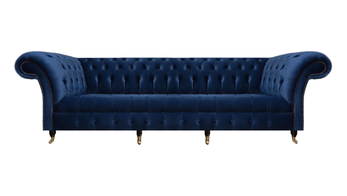 Salón sofá de cuatro plazas muebles tapizados azul lujo Chesterfield.