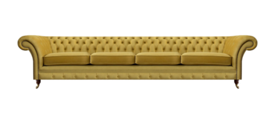 Sofá de cuatro plazas color amarillo de lujo Chesterfield de tela para sala de estar, nuevo.