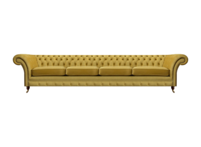 Sofá de cuatro plazas color amarillo de lujo Chesterfield de tela para sala de estar, nuevo.