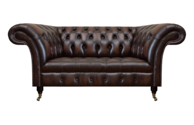 Sofá de cuero de lujo marrón de dos plazas Chesterfield para sala de estar.