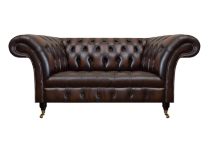Sofá de cuero de lujo marrón de dos plazas Chesterfield para sala de estar.