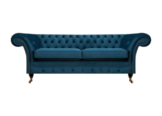 Sofá Chesterfield de dos plazas de diseñador en tela para el salón.