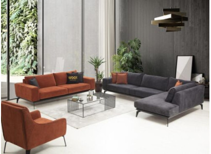 Sofá de lujo gris-naranja Conjunto de muebles de sala de estar 3 plazas Sofá esquinero