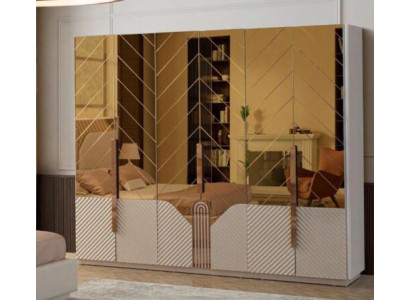 Armario moderno beige de dormitorio de 6 puertas de madera.