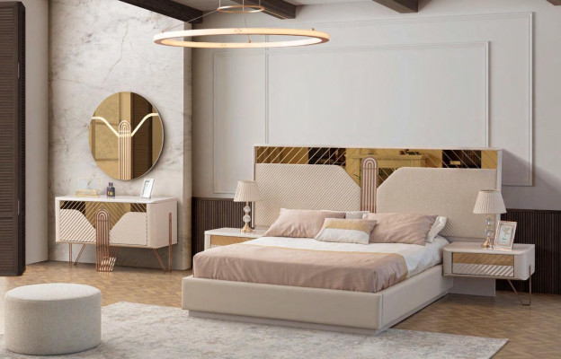 Juego de dormitorio noble con cama doble moderna, diseñador de 2 mesitas de noche.