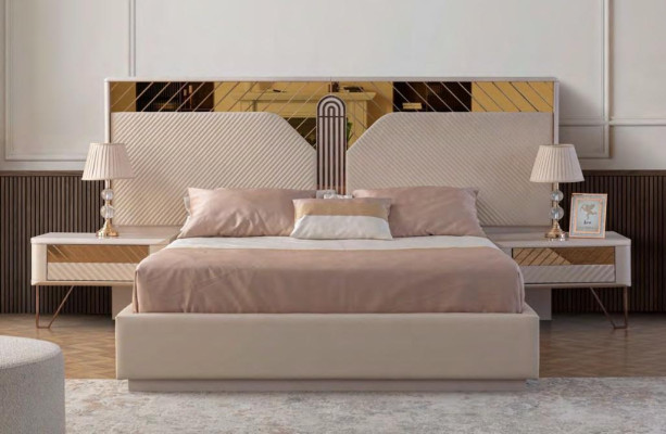 Juego de dormitorio noble con cama doble moderna, diseñador de 2 mesitas de noche.