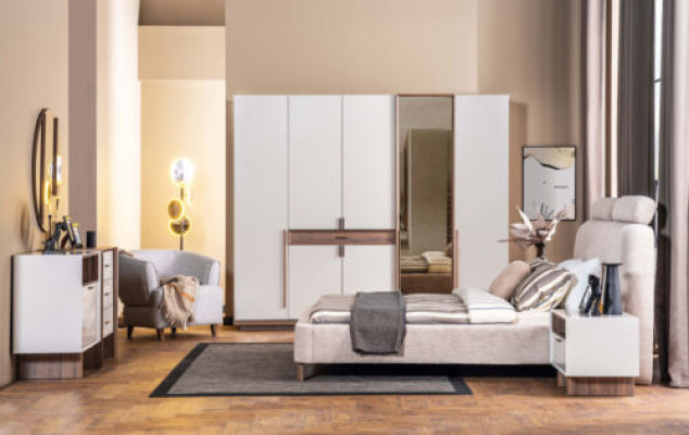 Juego de dormitorio blanco con cama doble de diseñador de madera y 2 mesitas de noche armario.