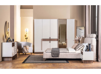 Juego de dormitorio blanco con cama doble de diseñador de madera y 2 mesitas de noche armario.