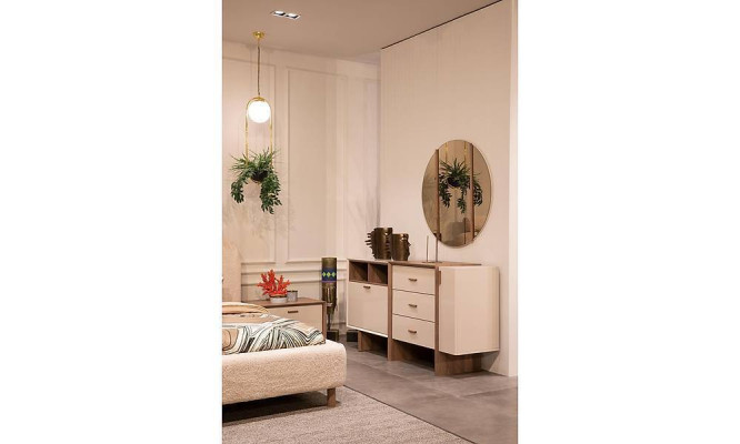 Juego de dormitorio blanco con cama doble de diseñador de madera y 2 mesitas de noche armario.