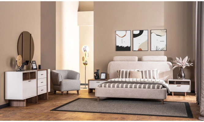 Juego de dormitorio blanco con cama doble de diseñador de madera y 2 mesitas de noche armario.