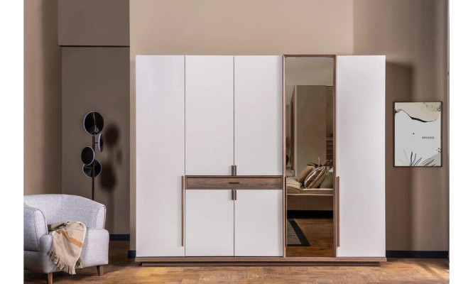 Juego de dormitorio blanco con cama doble de diseñador de madera y 2 mesitas de noche armario.
