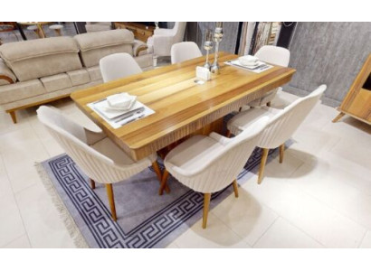 Mesa de madera color marrón claro, muebles de diseñador para comedor, 6 sillas acolchadas blancas.