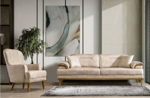 Sofá de sala de estar beige conjunto de diseñador, conjunto de sofás tapizados de 3+1 plazas.