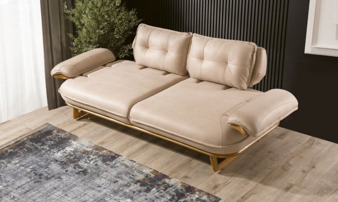 Sofá moderno beige de diseñador de tres plazas para la sala de estar, sofisticado sofá de tres plazas.