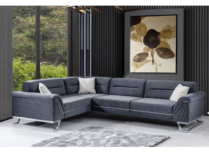 Elegante sofá gris en forma de L para salón, sofá de tela de diseñador, nuevo.