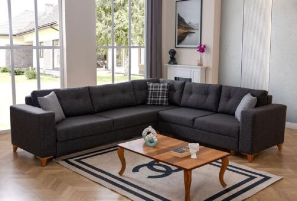 Sofá esquinero exclusivo de color gris oscuro para la sala de estar, sofá tapizado en forma de L.