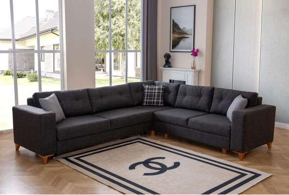 Sofá esquinero exclusivo de color gris oscuro para la sala de estar, sofá tapizado en forma de L.