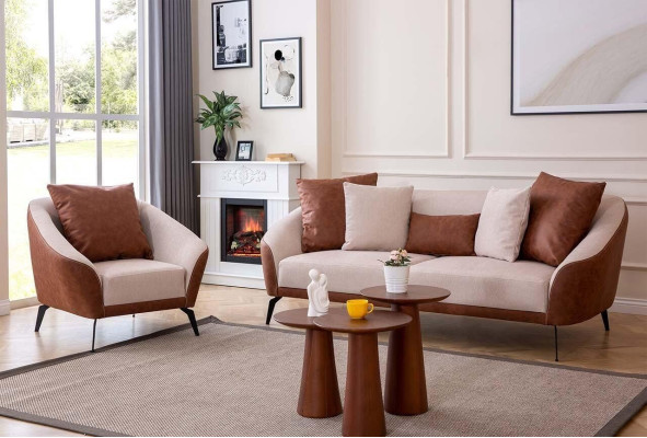 Marrón-beige conjunto de sofás de salón diseñador de tres plazas lujoso sillón